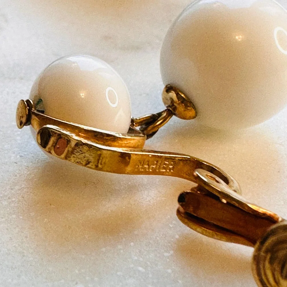 Napier - Vintage Clip Earrings, Gold Plated with Milk Glass Beads - Picture 3 of 5
